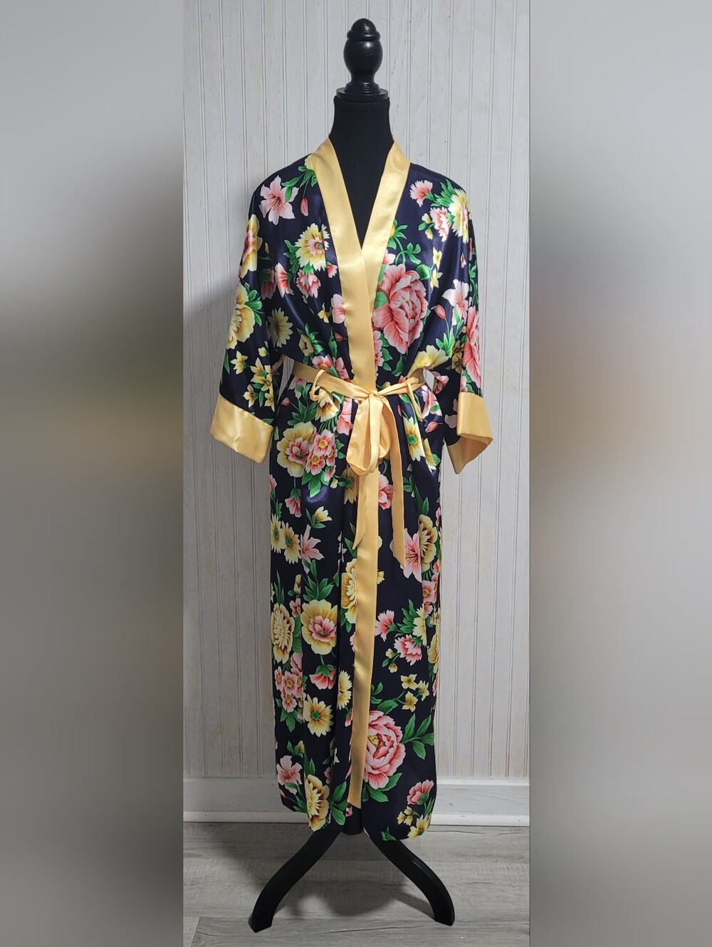 Inner Most Vintage Floral Satin Kimono Robe Long Navy Yellow Med/Lg